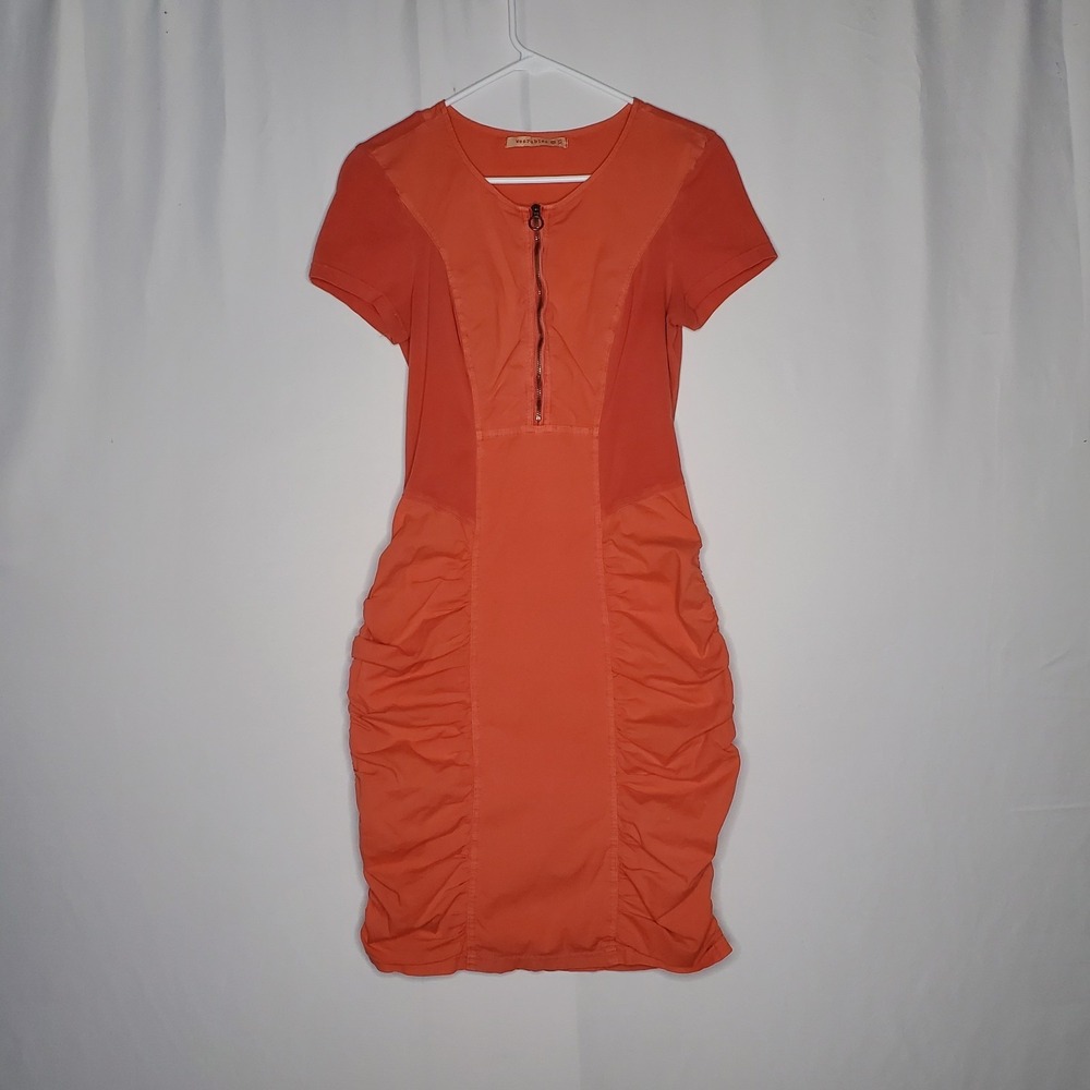XCVI Wearables Dress XS‎ Ruched Bodycon Zip Cap Sleeve Lagenlook Orange Coastal